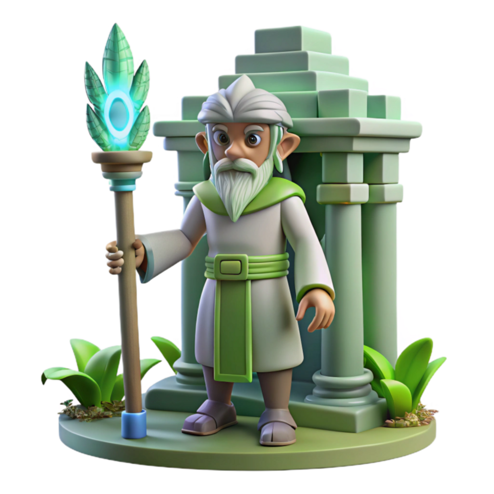 3D Render Wise Sage with Glowing Staff at Ancient Ruins png