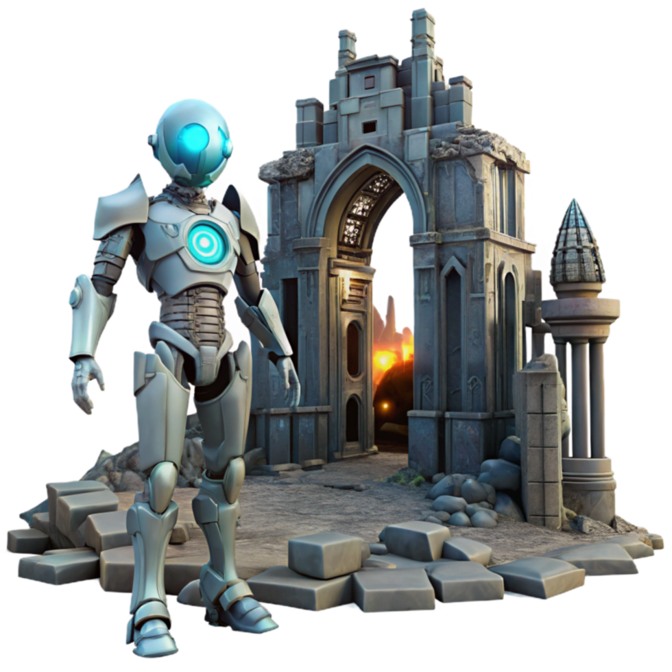 Robot Exploring Ancient Ruins A Sci-Fi Adventure png