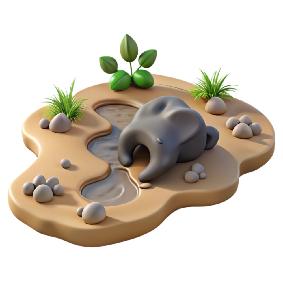Elephant at Watering Hole 3D Render of Desert Oasis png
