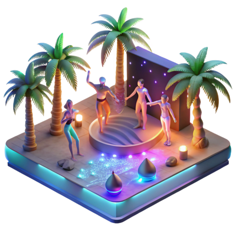 Tropical Night Gathering Isometric 3D Render of a Festive Scene png