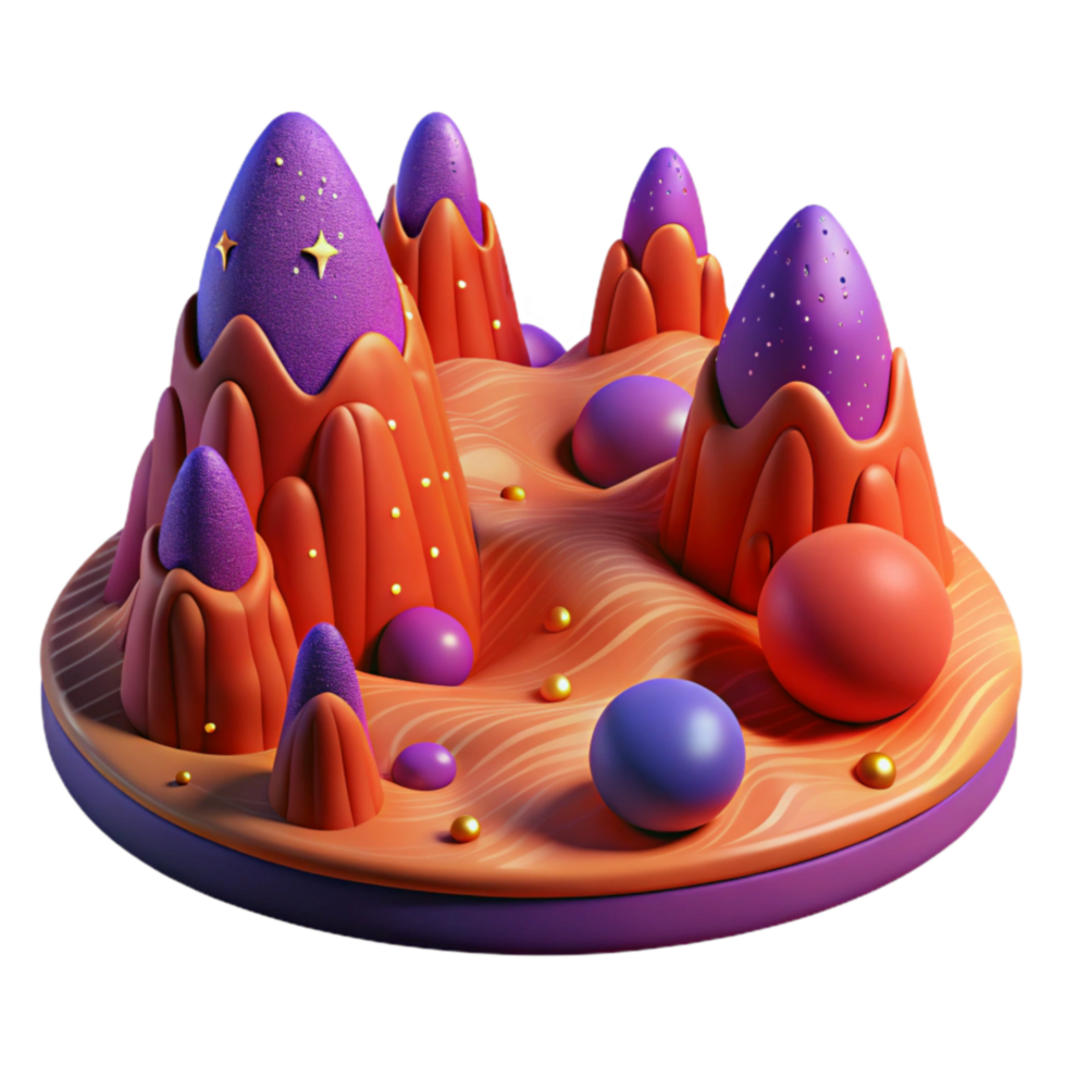 Surreal 3D Render Abstract Landscape with Colorful Mountains and Spheres png