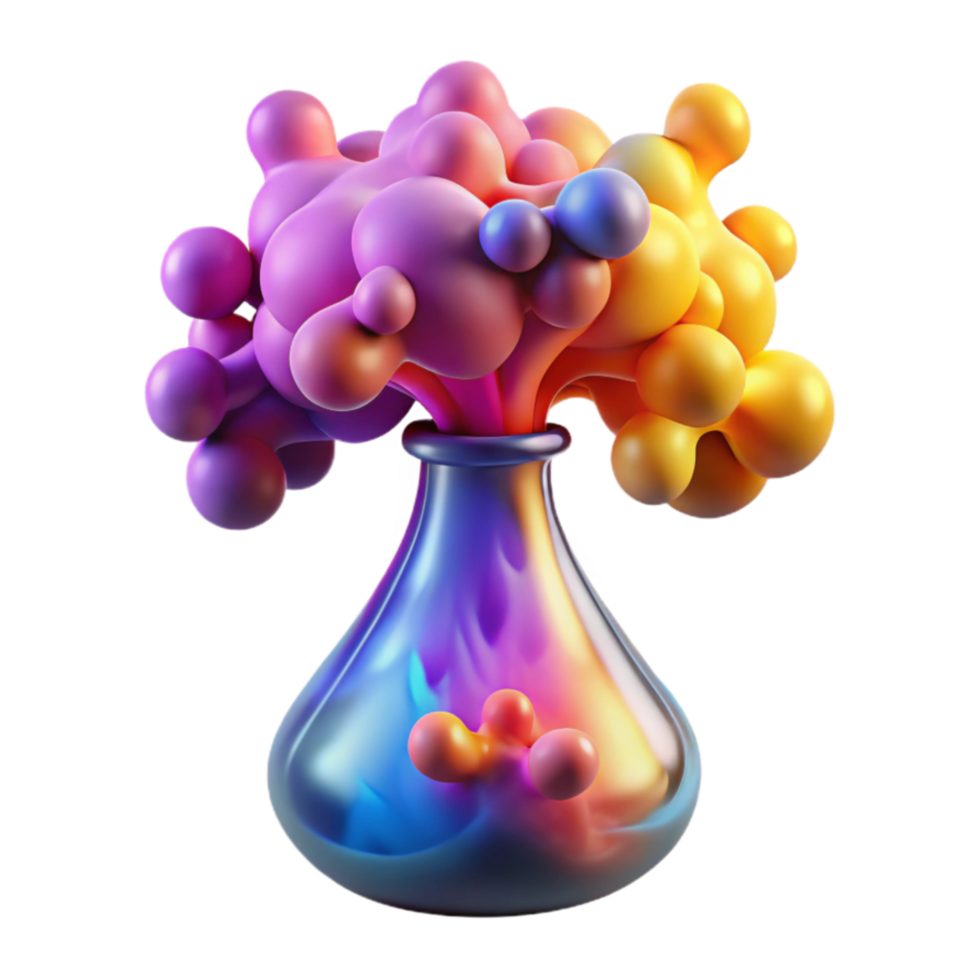 Colorful Bubbles Erupting from Glass Flask Abstract 3D Render png