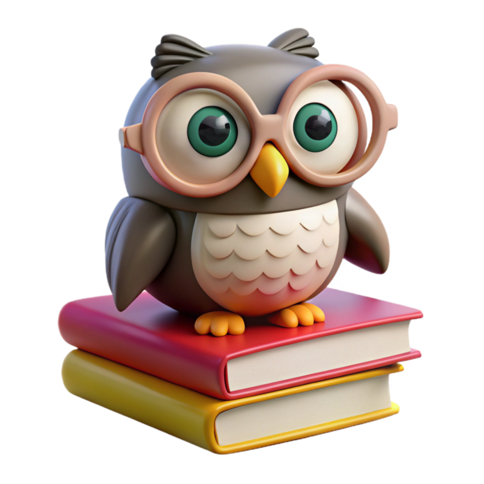 Adorable Owl with Glasses on Stack of Books png