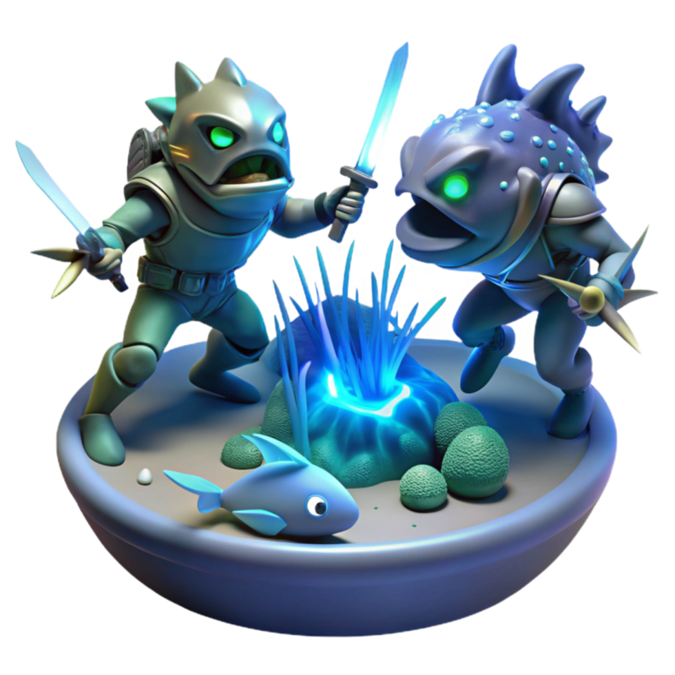 Fantasy Creature Combat Scene 3D Render of Armored Warriors and Aquatic Life png