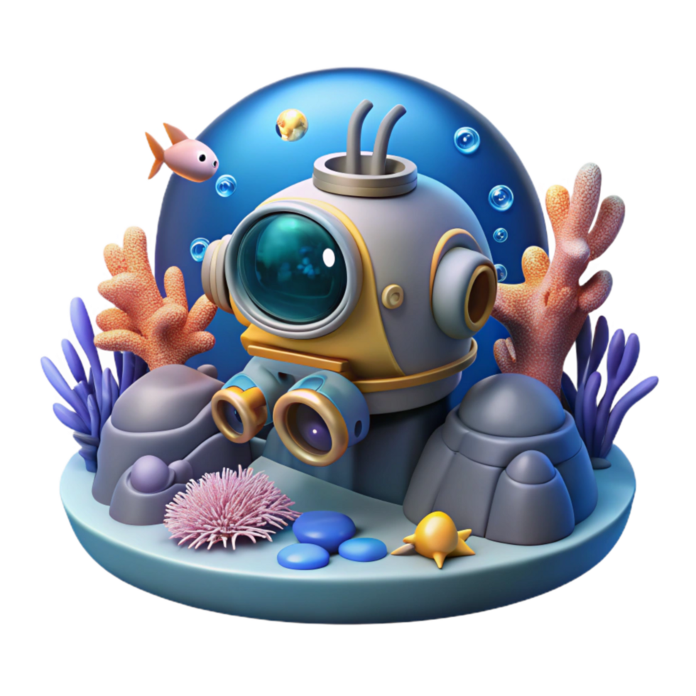 Adorable Diving Helmet Robot in Underwater Scene png