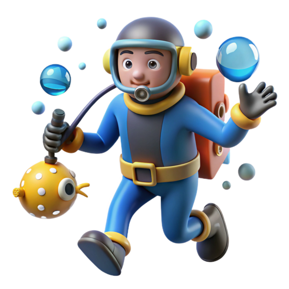 3D Diver Cartoon Exploring Underwater World png