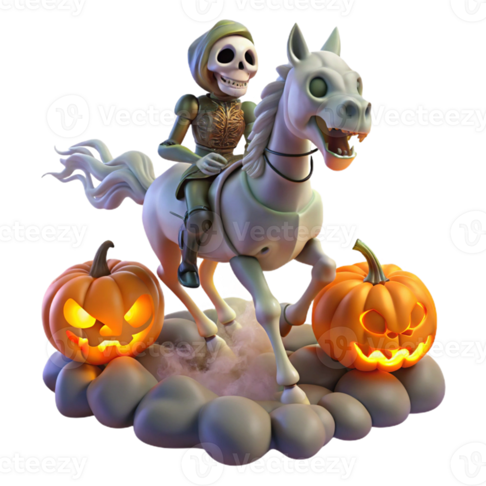 Skeleton Rider on Horseback with Jack-o -lanterns Halloween 3D Render png