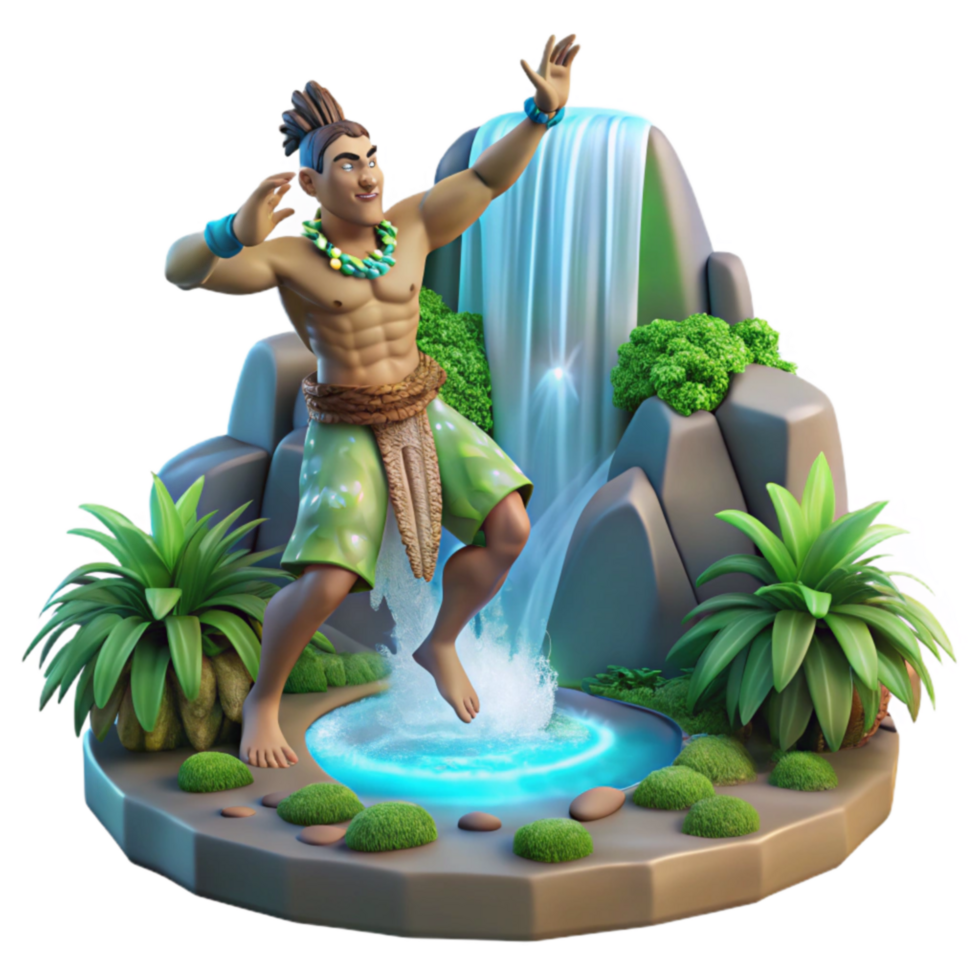 Tropical Island Waterfall 3D Model Animated Figurine near Cascade png