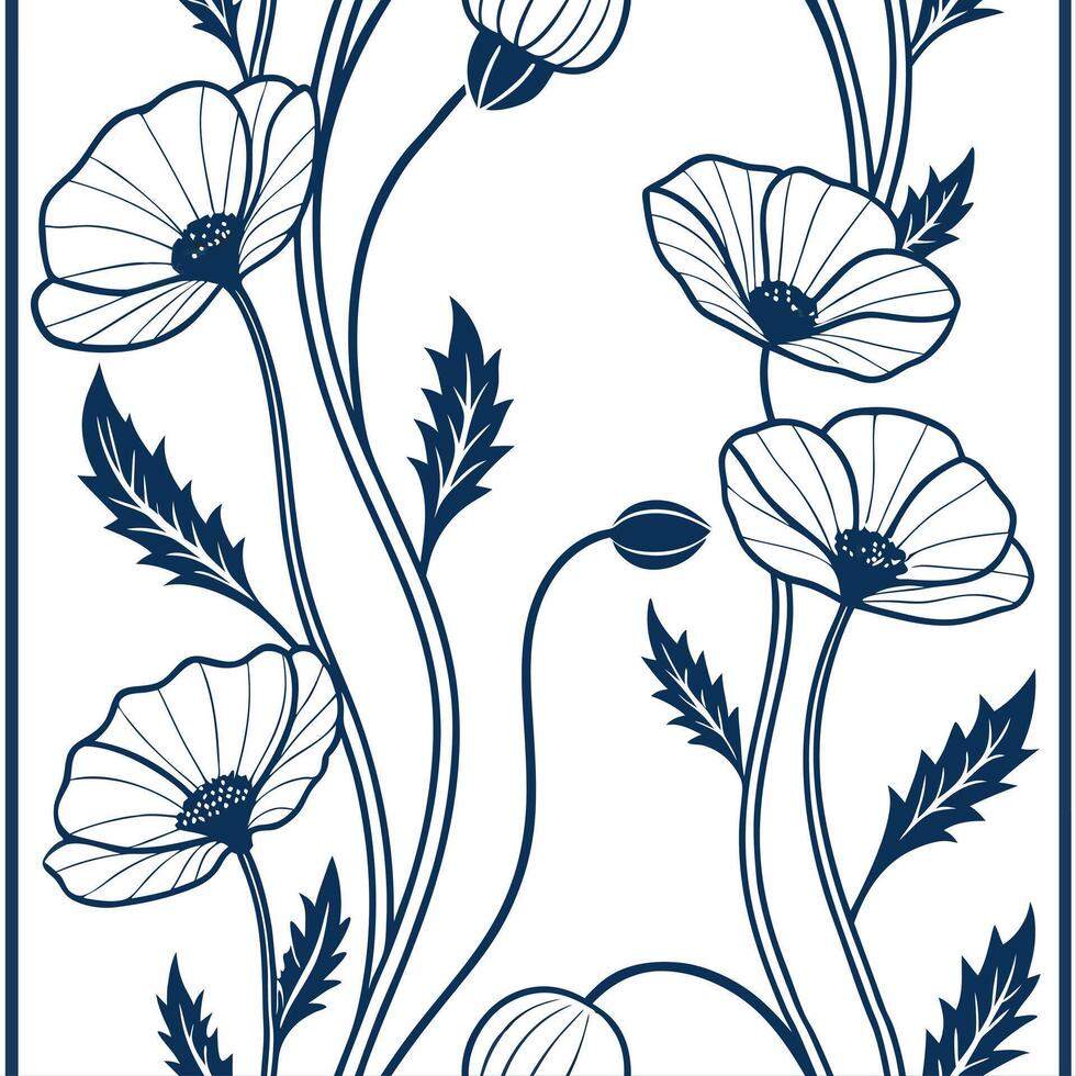 Poppies in blue and white vector