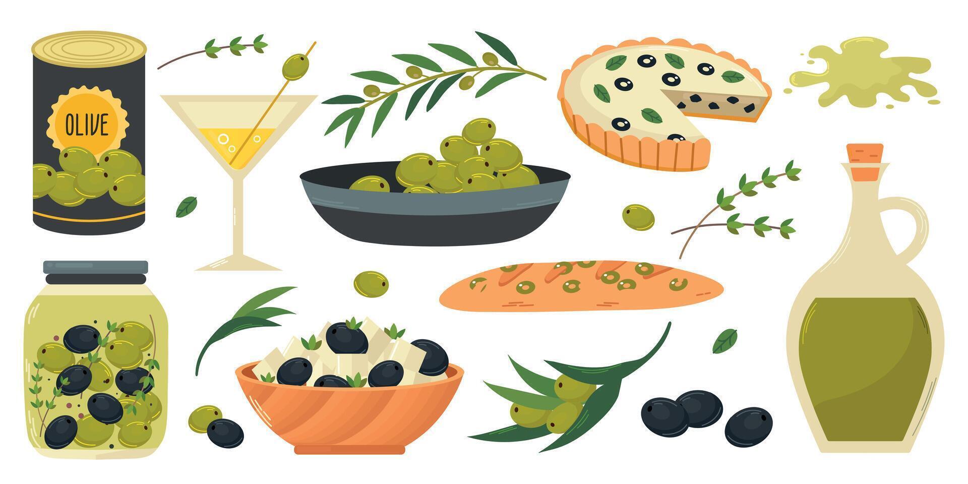 Olive Oil organic products set collection with glass jug, tin can, baguette, quiche, olive branches, martini, feta cheese vector