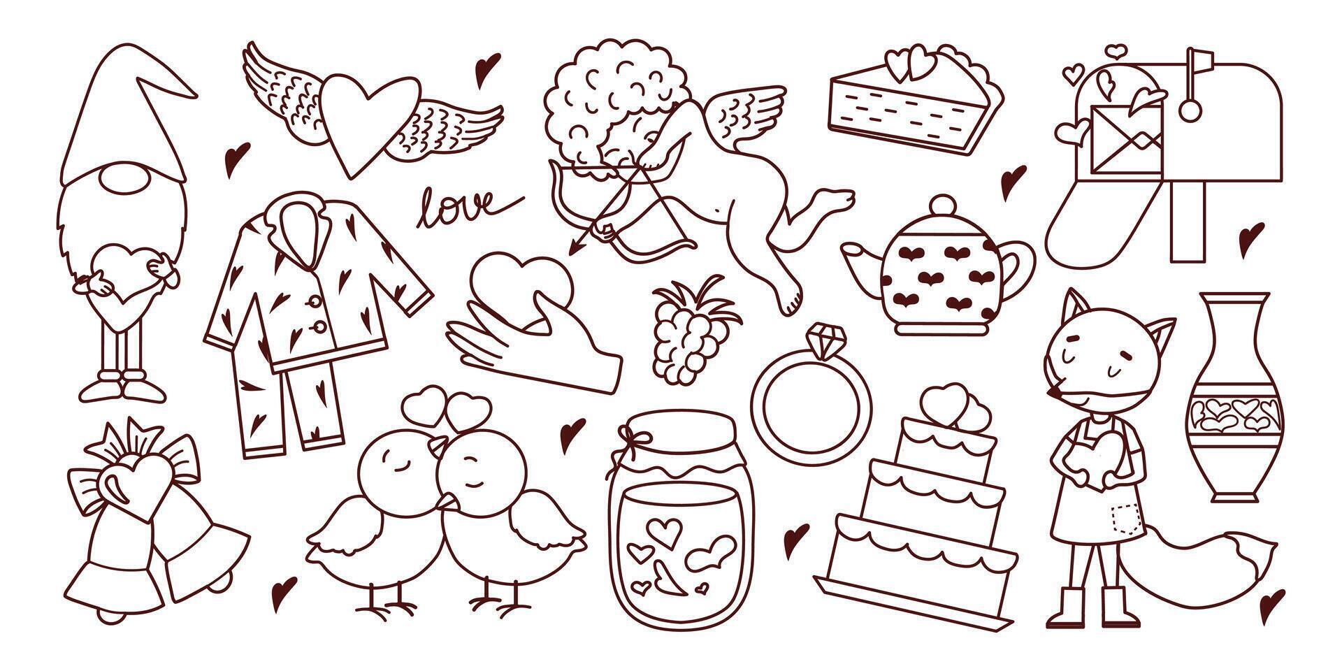 Valentine's Day line art elements doodles icons set collection. Cute sweets and drinks, fox, wedding ring, gnome and decor vector