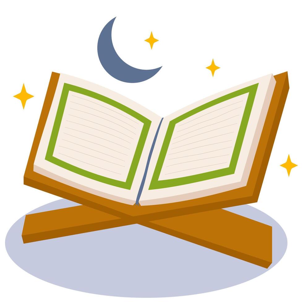 Cute Open Quran with Moon and Stars. Cartoon Illustration of Quran and Night Sky. vector
