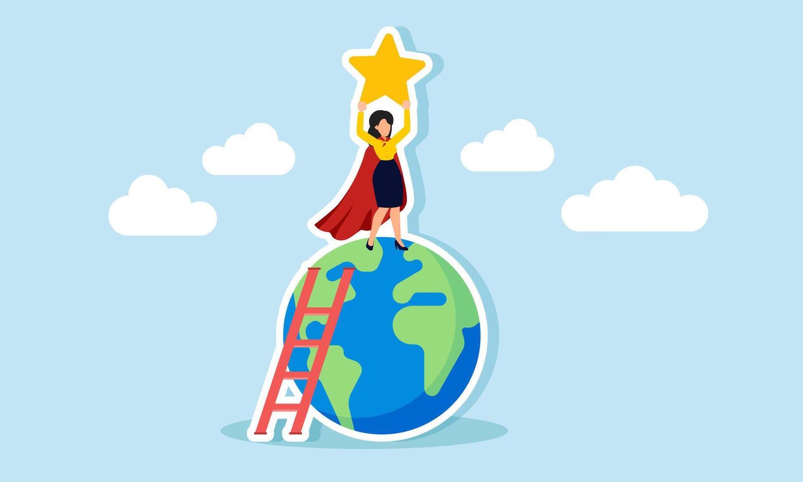 Businesswoman climbs the earth using a ladder and stands on top lifting a star, illustration of efforts to improve business quality to international standards vector
