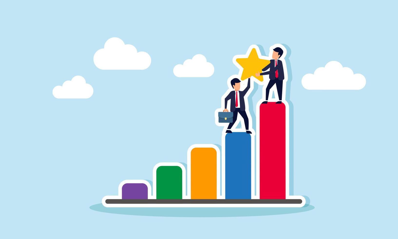 Two businessmen collaborate to lift a star to reach the highest position on the chart, illustration of teamwork in improving business quality aligned with business performance vector