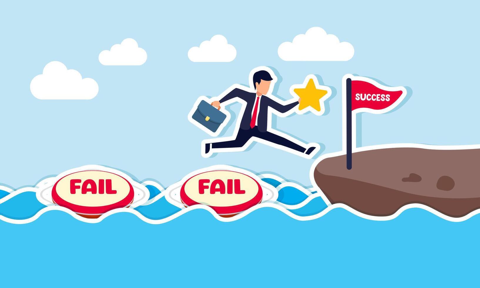 Businessman carries a star jumping over and through a lifebuoy labeled fail to cross the water and reach land, illustration of overcoming failures with business quality to achieve success vector