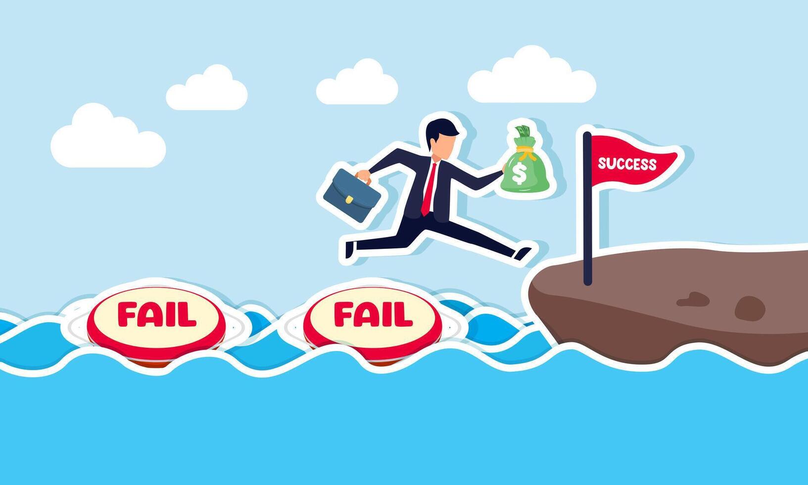 Businessman carries a money sack jump over and through a lifebuoy labeled fail to cross water and reach land, illustration of overcoming failures with stable finances to reach success vector