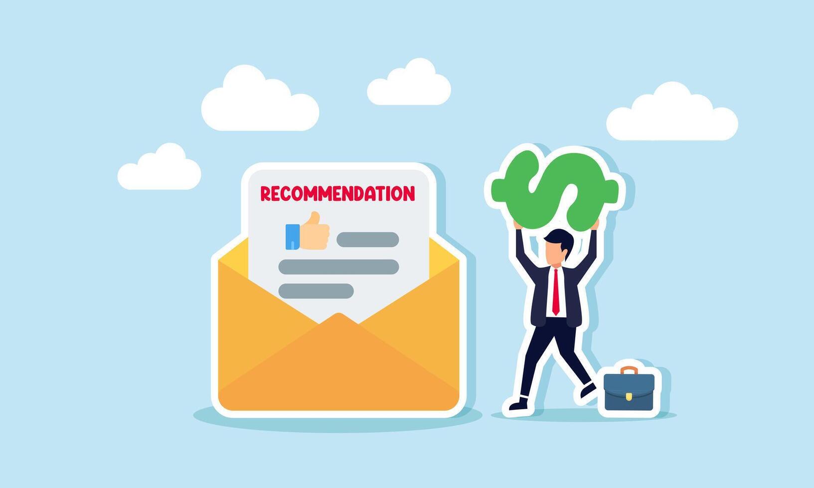 Businessman lifts a dollar sign and stands next to a recommendation letter, illustration of a recommendation for employees with strong company financial management skills vector