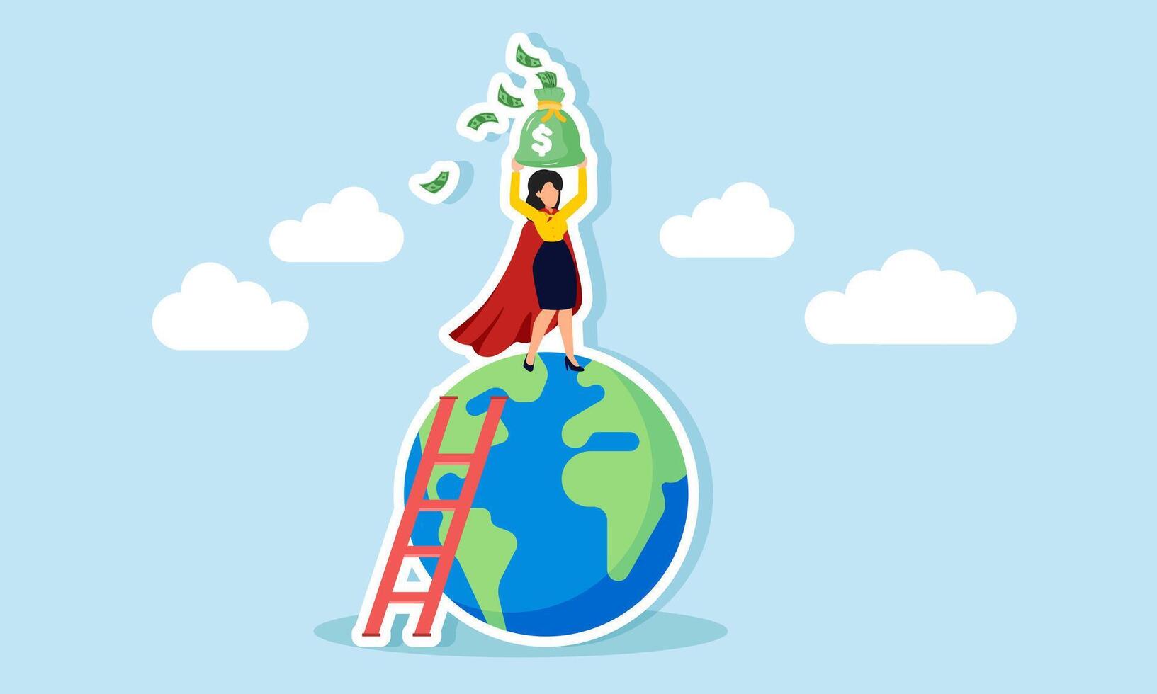 Businesswoman climbs the earth using a ladder and stands on top lifting a money sack, illustration of efforts to increase business revenue and make the company top global vector