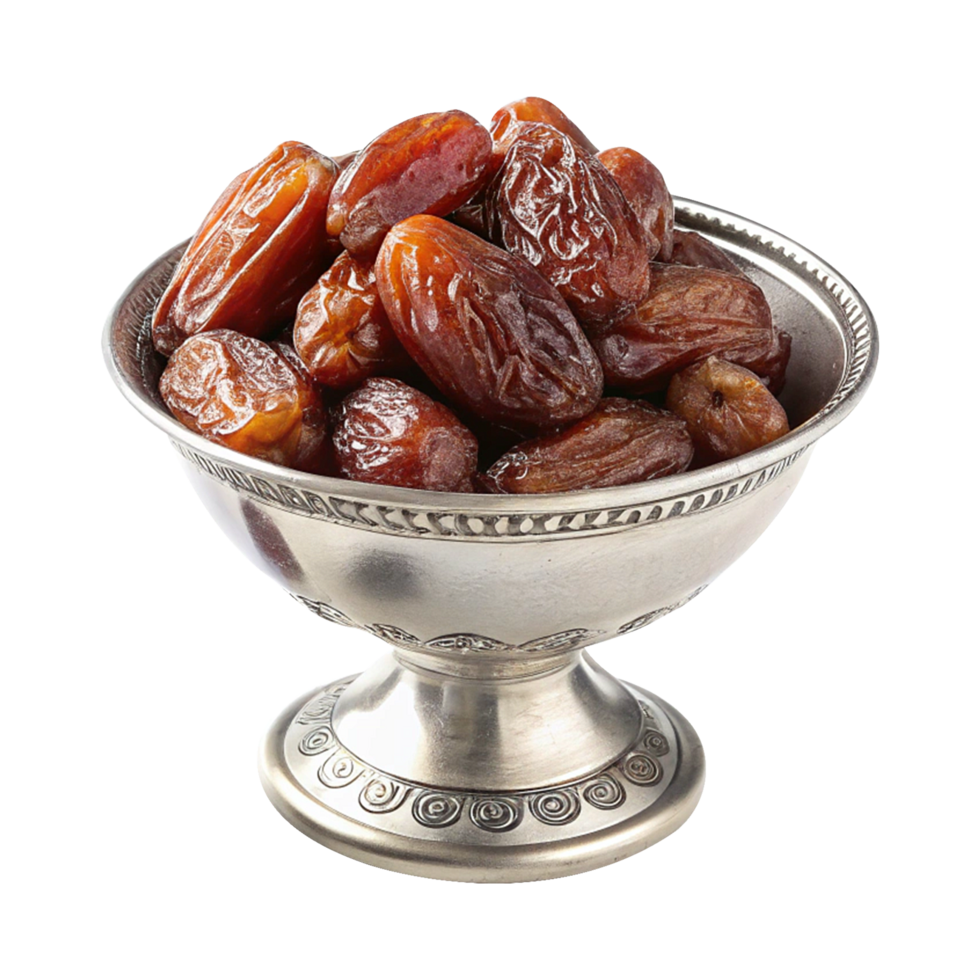 Exotic sweet dried dates in silver dish isolated on transparent background png