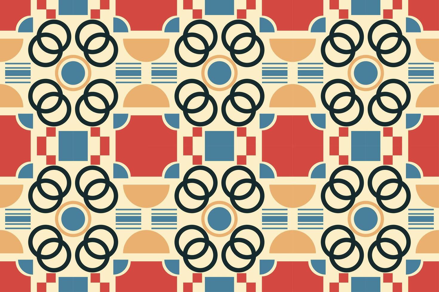 Seamless geometric pattern with interlocking circles, squares, and semicircles in a vibrant color palette. Perfect for textile prints, wallpaper, and modern interior vector