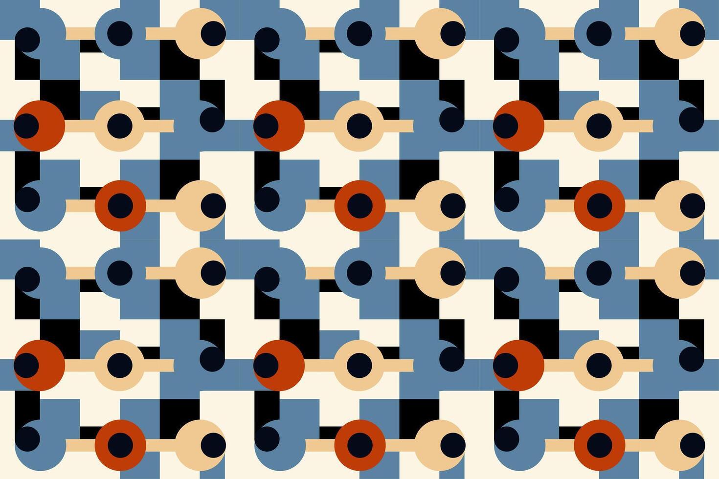 Seamless geometric pattern with interlocking circles, squares, and curved shapes in a vibrant color palette. Perfect for textile prints, wallpaper, and modern interior vector