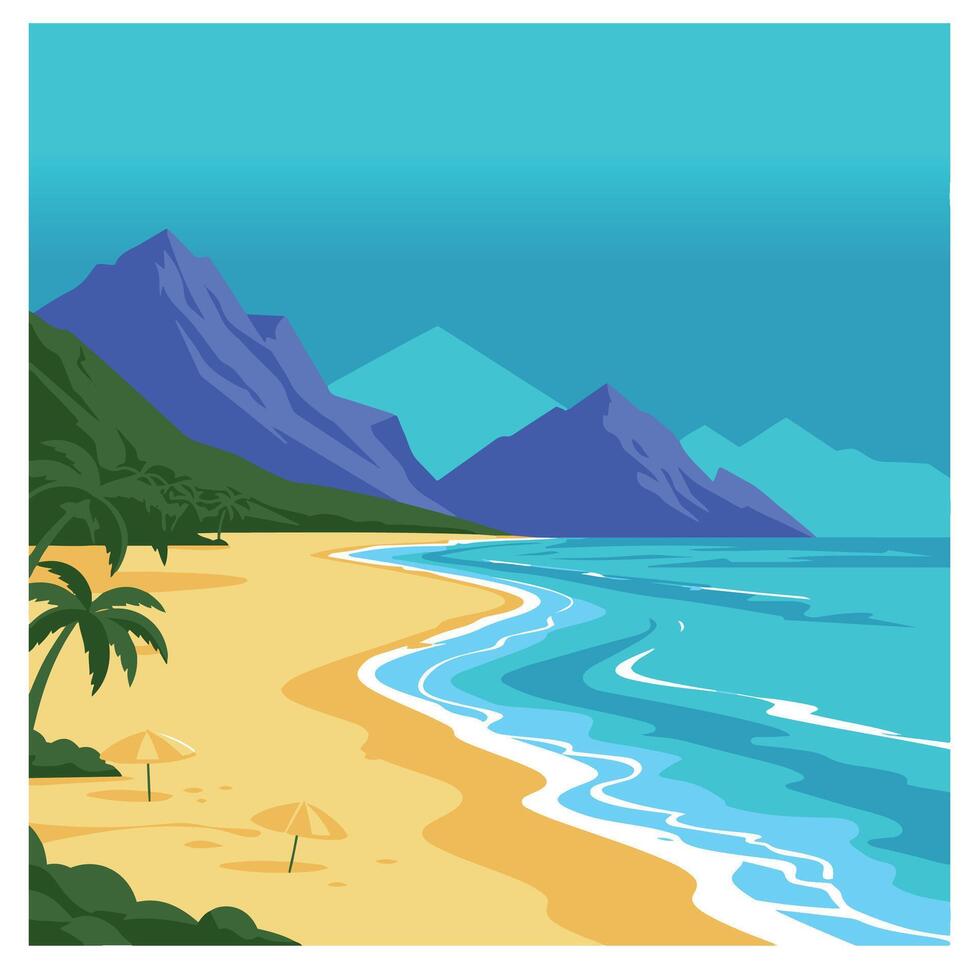 Summer time summer hot Serene mountain forest beach banner template showcasing calming riverside views and lush greenery vector