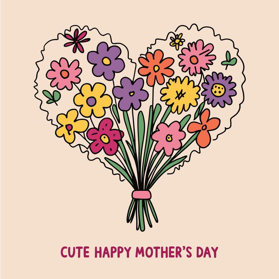 Happy Mother's Day greetings in a simple hand-drawn childish style. vector