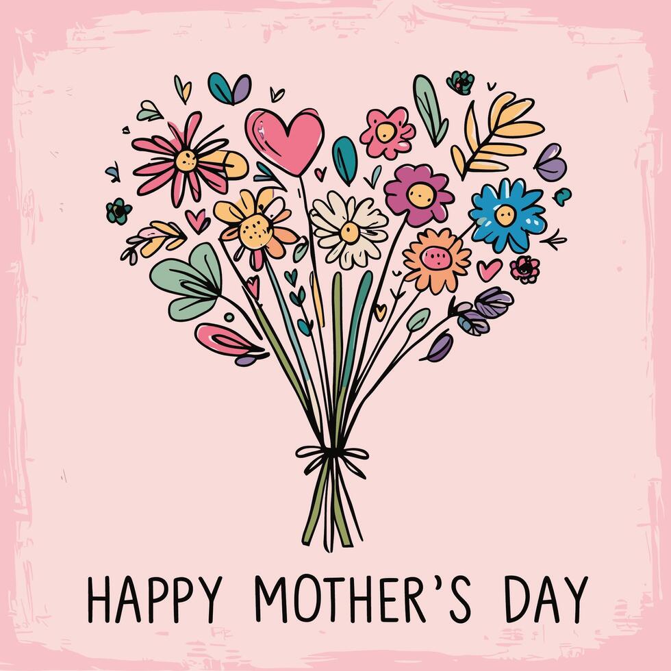 Cute Happy Mother's Day greeting with a heart-shaped bouquet with various floral doodles in a simple hand-drawn childish style. vector