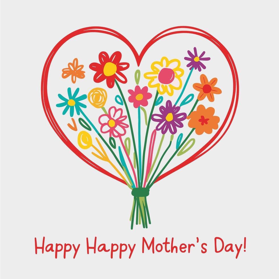 cute Happy Mother's Day greetings with heart-shaped flower bouquets with various flower scribbles vector