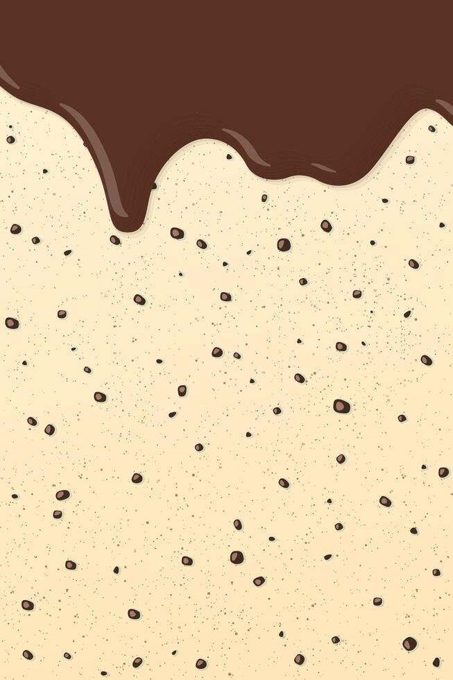 Melt chocolate pouring on vanilla chocolate chip ice cream texture vertical background graphic illustration. vector
