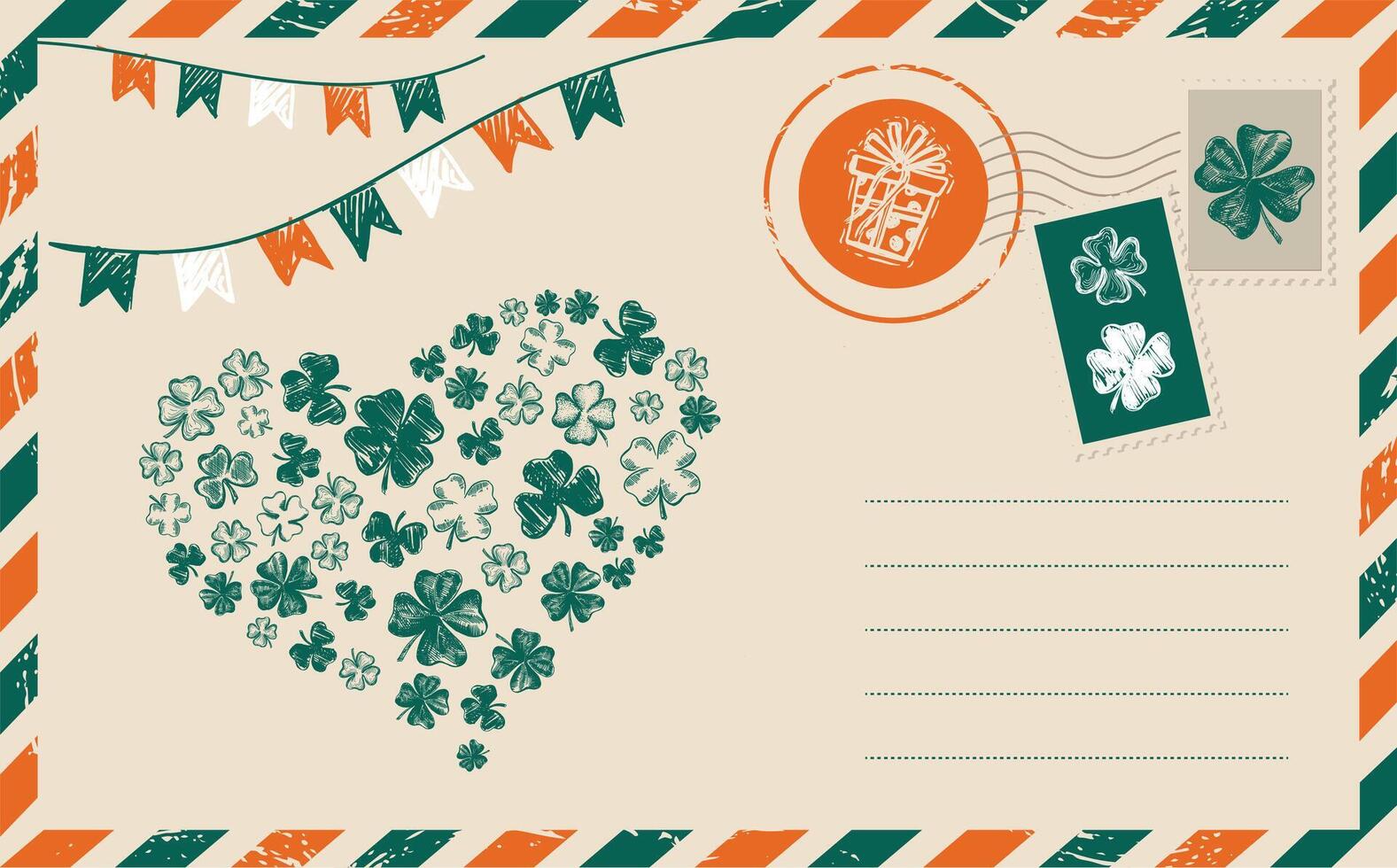 Patrick's day. Postcard with clover, mail, hand drawn illustration. vector