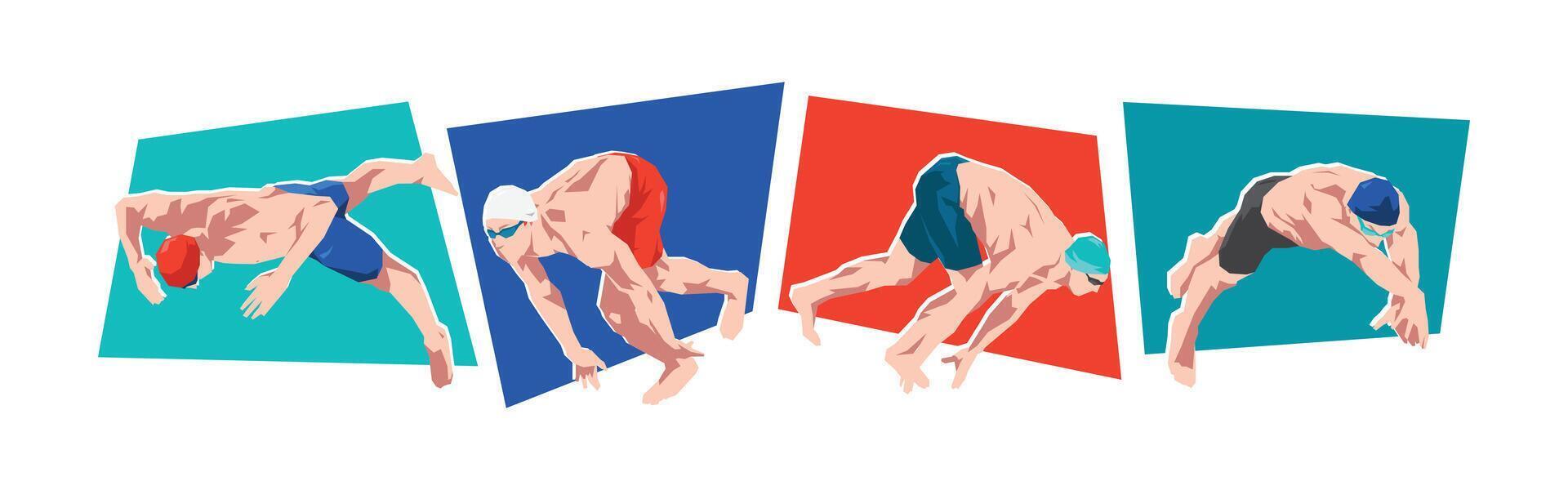 Set of male swimmer character in action. Isolated on white background. Flat illustration. vector
