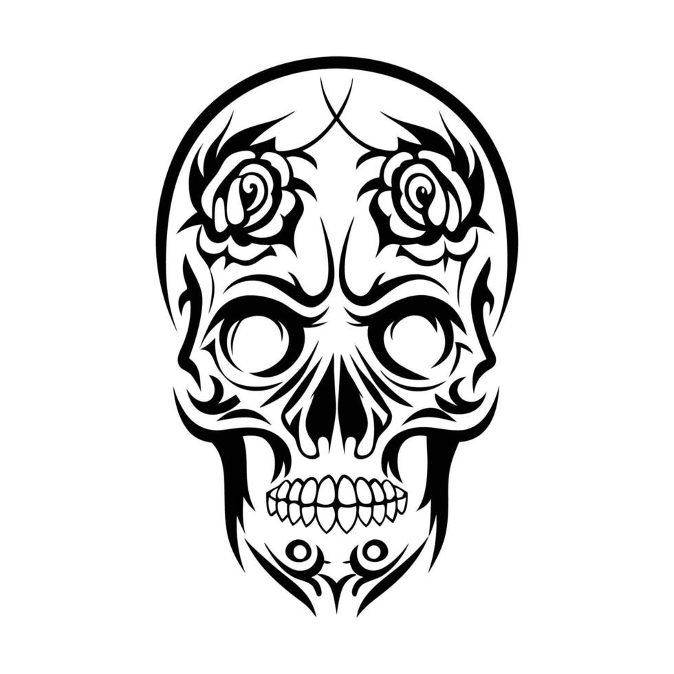 Skull With Rose Flower Black Outline . Human skull with rose sketch drawing, tattoo illustration isolated on white background vector