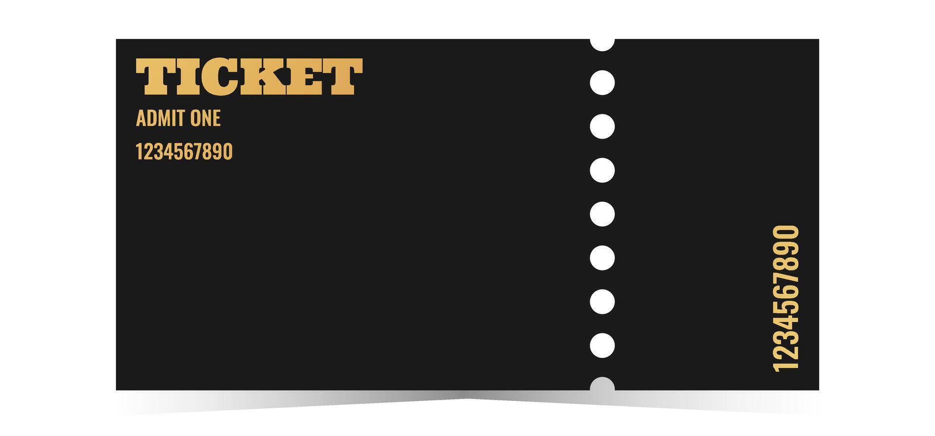 Black ticket template design with golden letters. Cinema, casino, concert, film, party, vip festival design. Metal gradient text. illustration on white background vector