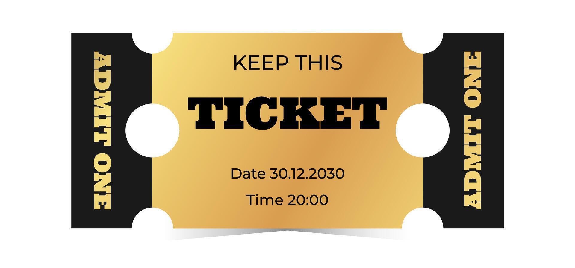 Golden ticket template design. Cinema, theater, casino, concert, film, party, festival gold ticket. Metal gradient coupon, admit one. illustration on white background vector