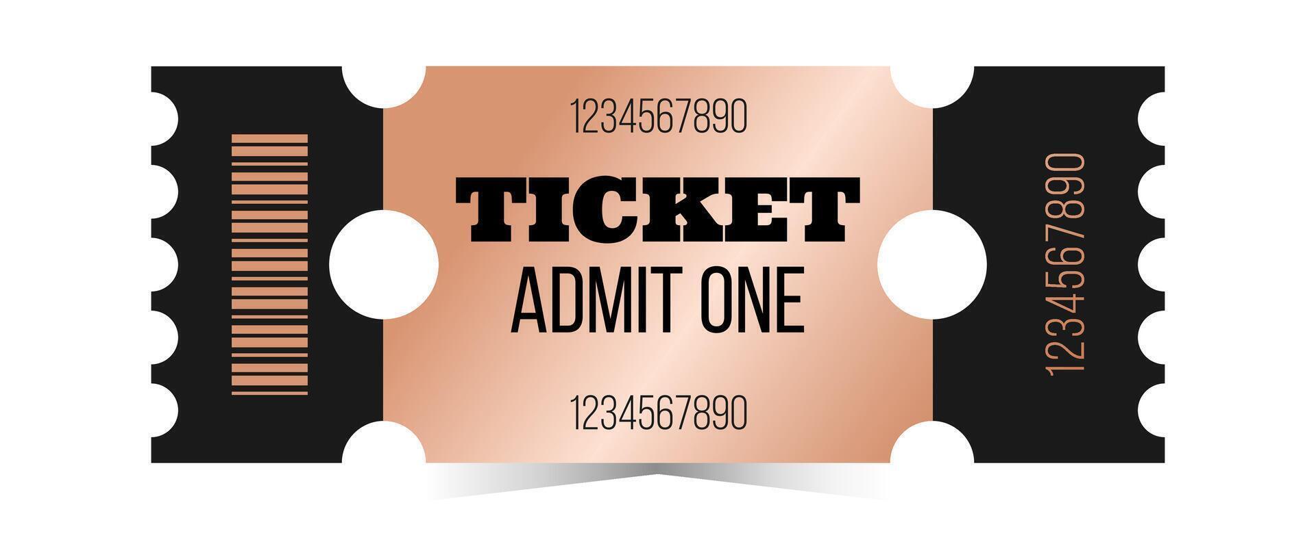 Horizontal bronze ticket admit one template. Cinema, theater, casino, concert, opera, ballet, performance copper design. illustration on white background vector