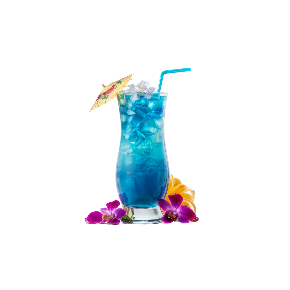 A blue drink with a straw and umbrella png