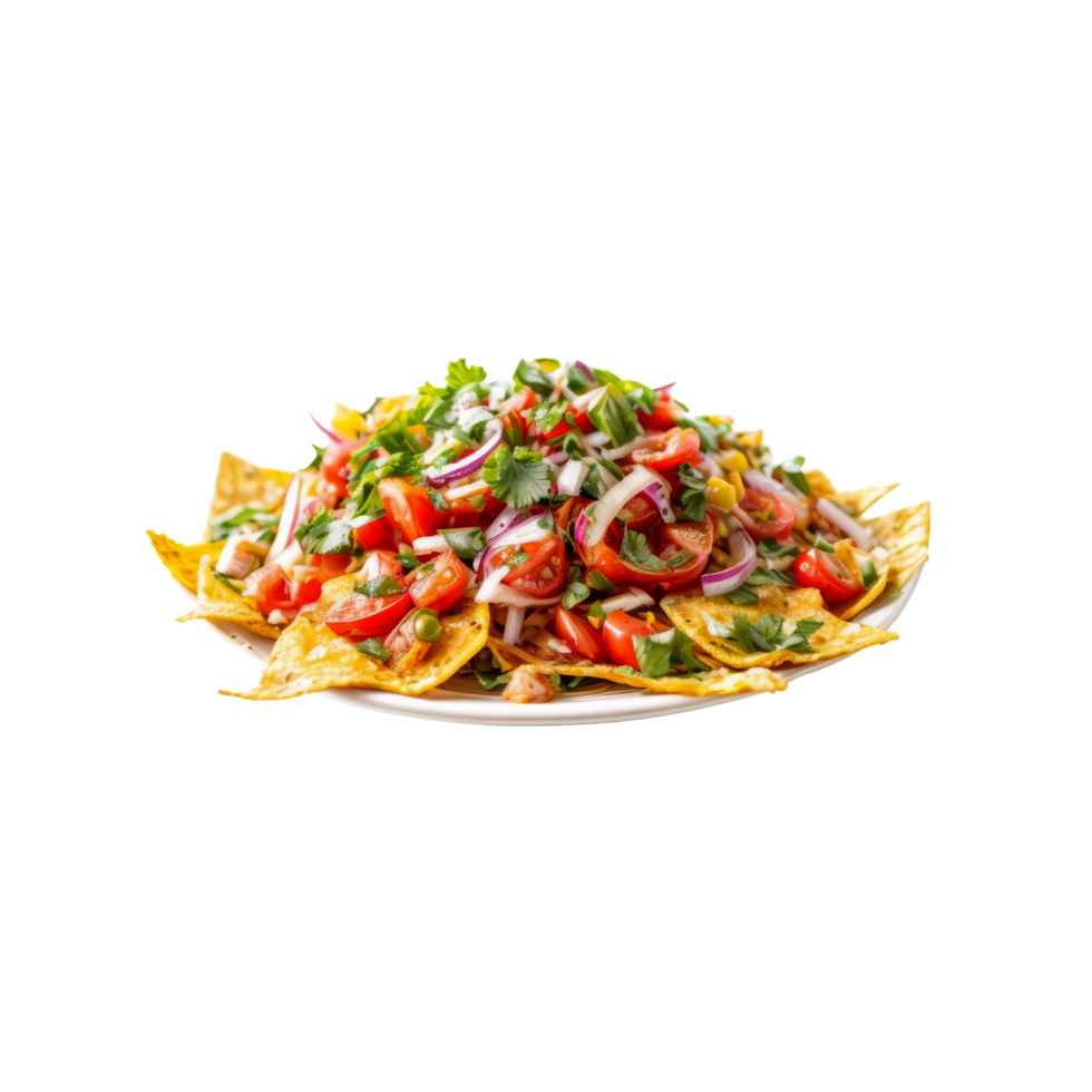A plate of nachos with tomatoes and onions png