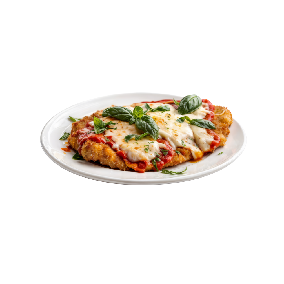 A plate of chicken parmesan with cheese and basil png