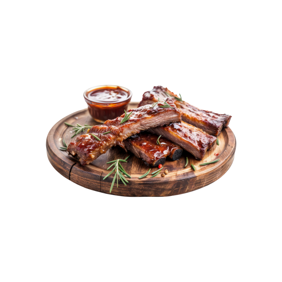 Ribs on a wooden plate with sauce and rosemary png