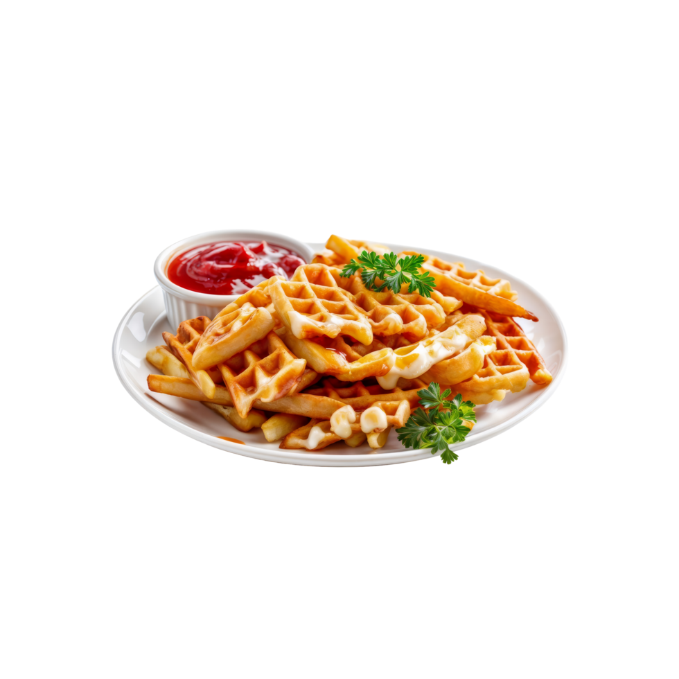 A plate of waffles with ketchup and parsley png