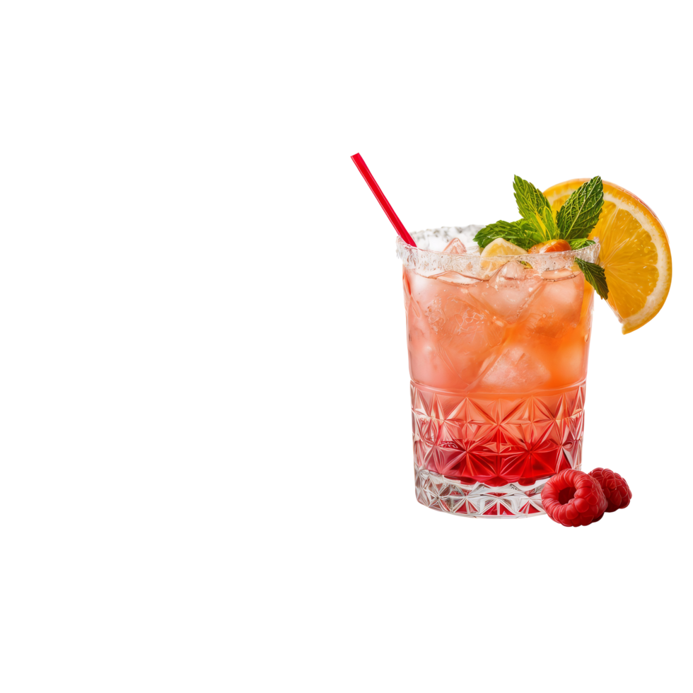 A drink with a raspberry garnish and a straw png