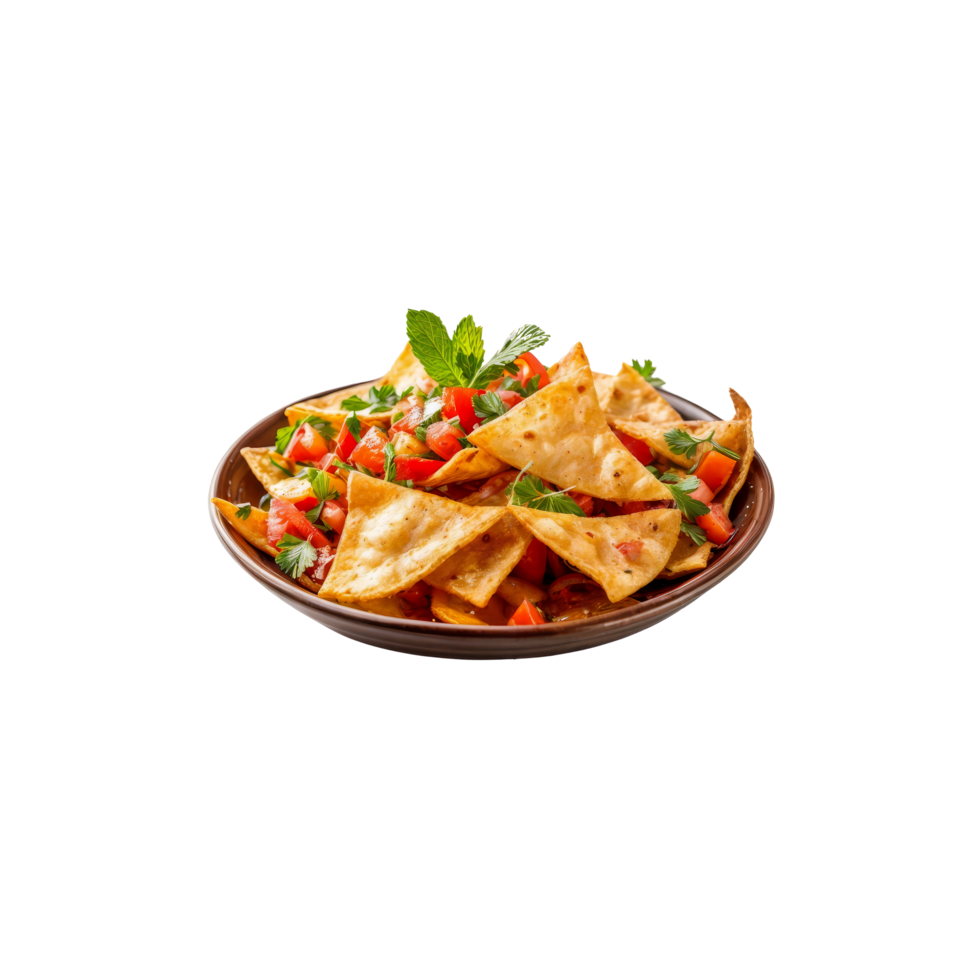 A bowl of nachos with tomatoes and herbs png