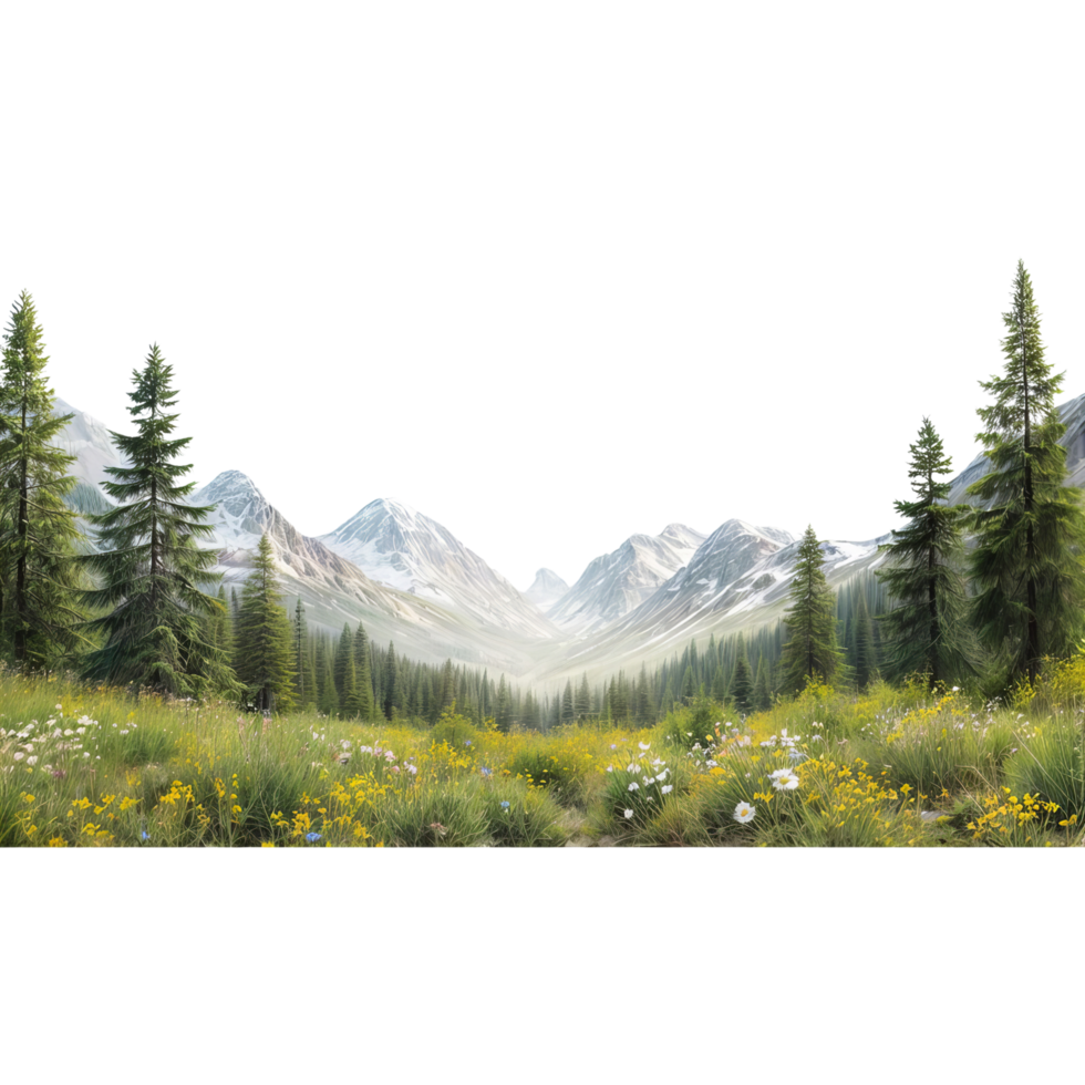 A painting of a mountain scene with flowers and trees png