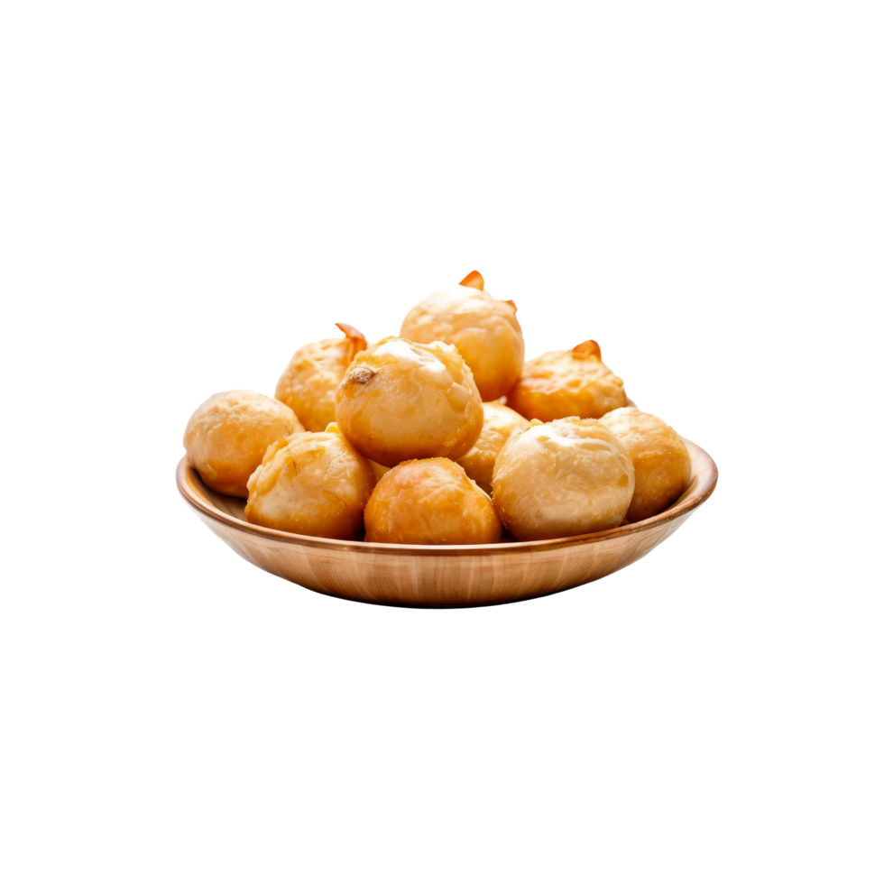 A bowl of fried doughnuts on a black background png