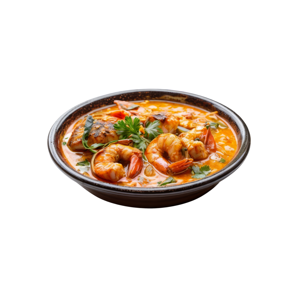 A bowl of curry with shrimp and vegetables png