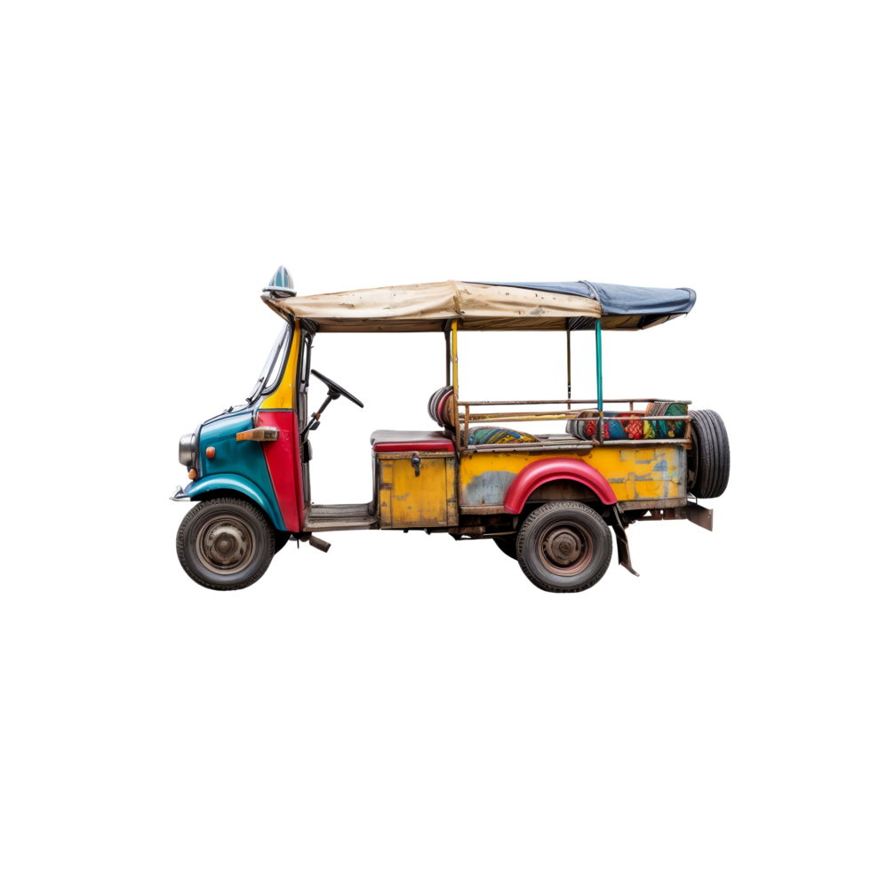 An old tuk tuk is shown on a black background png