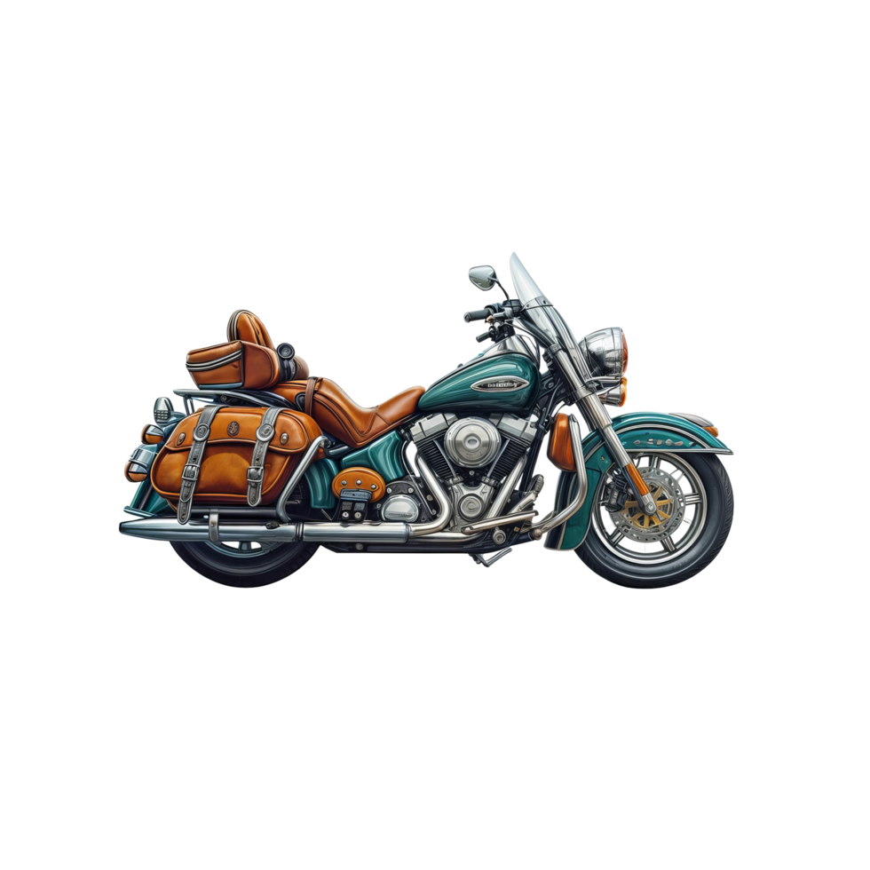 A motorcycle with a leather saddle and luggage png