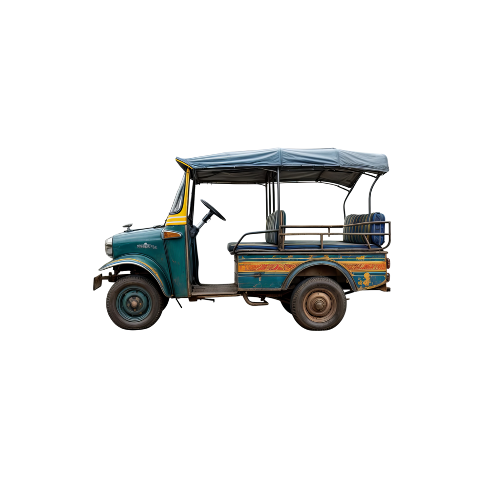 An old green tuk tuk is shown on a black background png