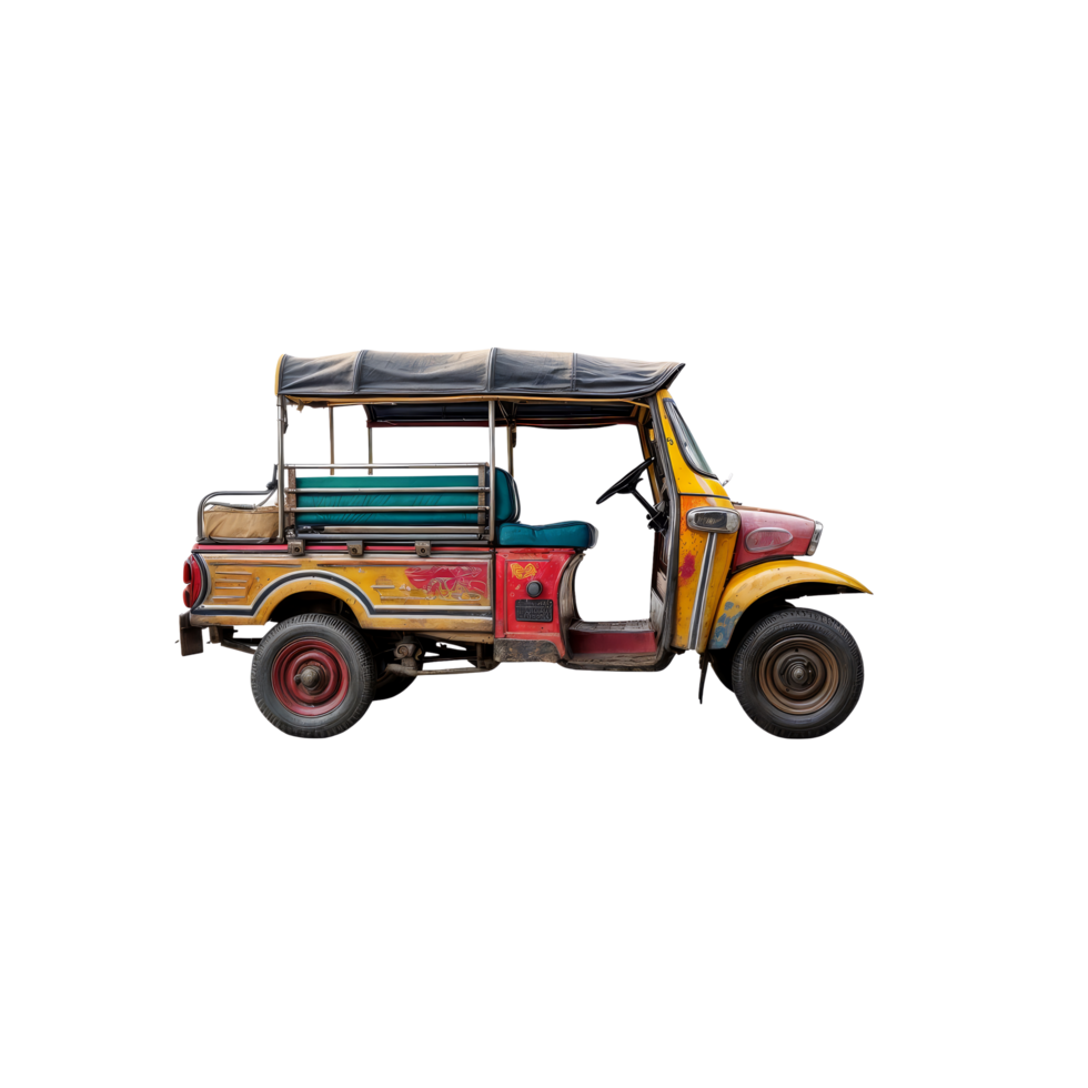 An old tuk tuk is shown on a black background png
